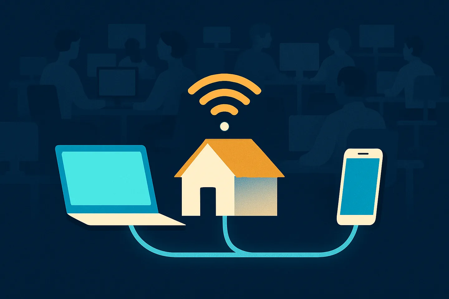 Illustration of a laptop and phone connected to a home wifi, with a crowded office network faded behind